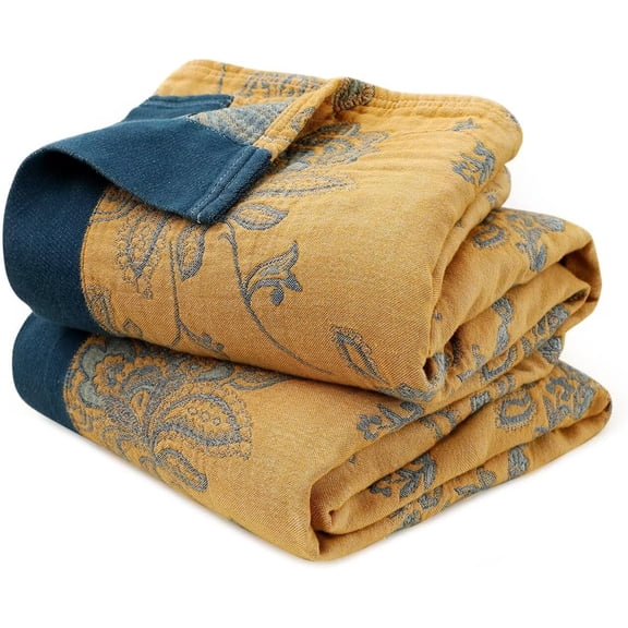 100% Cotton Soft Throw Blanket for Bed Decor 80x90,Muslin Breathable Lightweight Gauze Fall Blankets for Couch Sofa All Seasons,Plant Leaves with Floral Boho Quilt Rustic Throw Blanket,Yellow