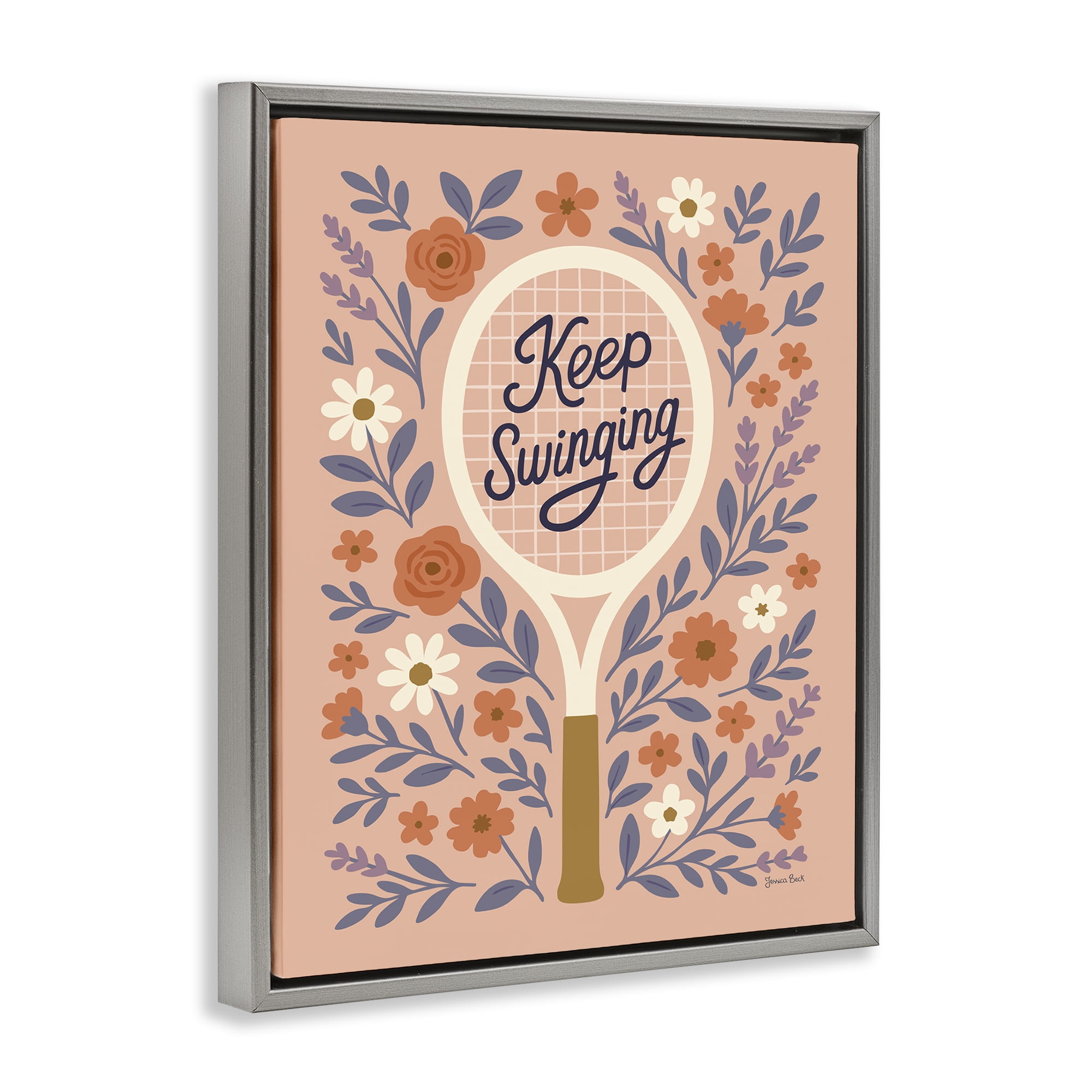 Stupell Industries Keep Swinging Floral Tennis Gray Framed Floater Canvas Wall Art, design by Jessica Beck