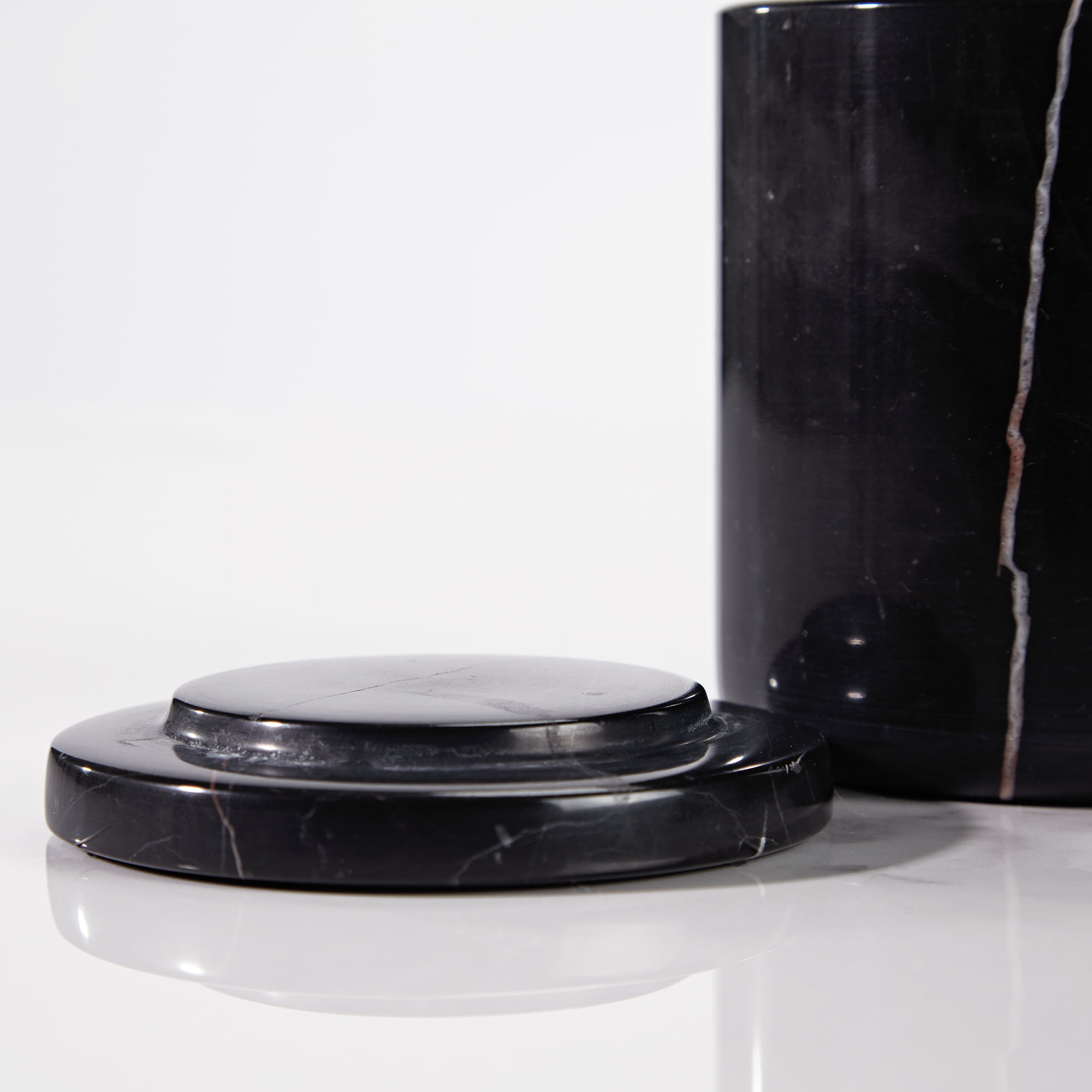 Natural Round Black Marble Canister 5.07 inch L × 5.07 inch D × 5.26 inch H, Sturdy Qtip Holder Dispenser with Lid for Cotton Swab, Pads,Floss Picks,Balls Organic Vanity Makeup Storage