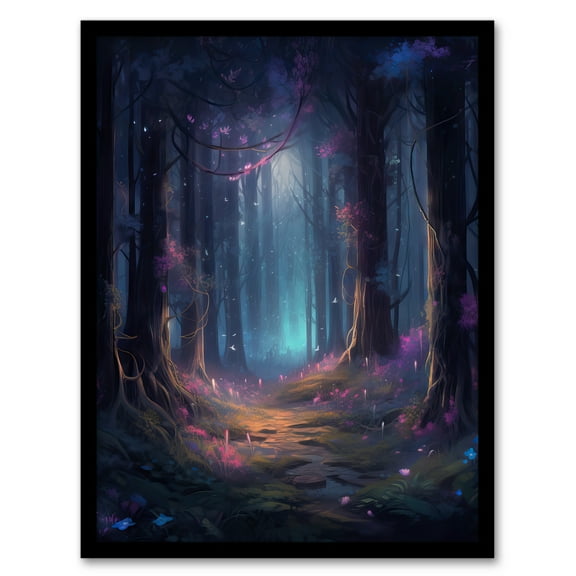 Enchanted Forest With Bioluminescent Flowers Oil Painting Pink Blue Green Serene Fantasy Landscape Colourful Magical Nature Mystical Modern Art Print Framed Poster Wall Decor 12x16 inch