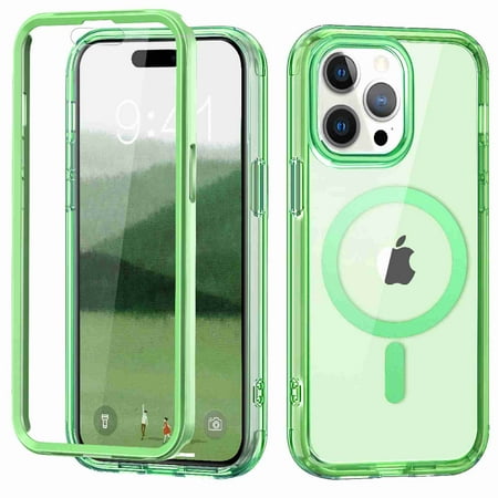 ELEHOLD Full Body Magnetic Case for iPhone 13 Pro Max,Built-in Front Screen Protector 360 Protection Compatible with Mag Safe Transparent Clear Shockproof Cover for iPhone 13 Pro Max,Green