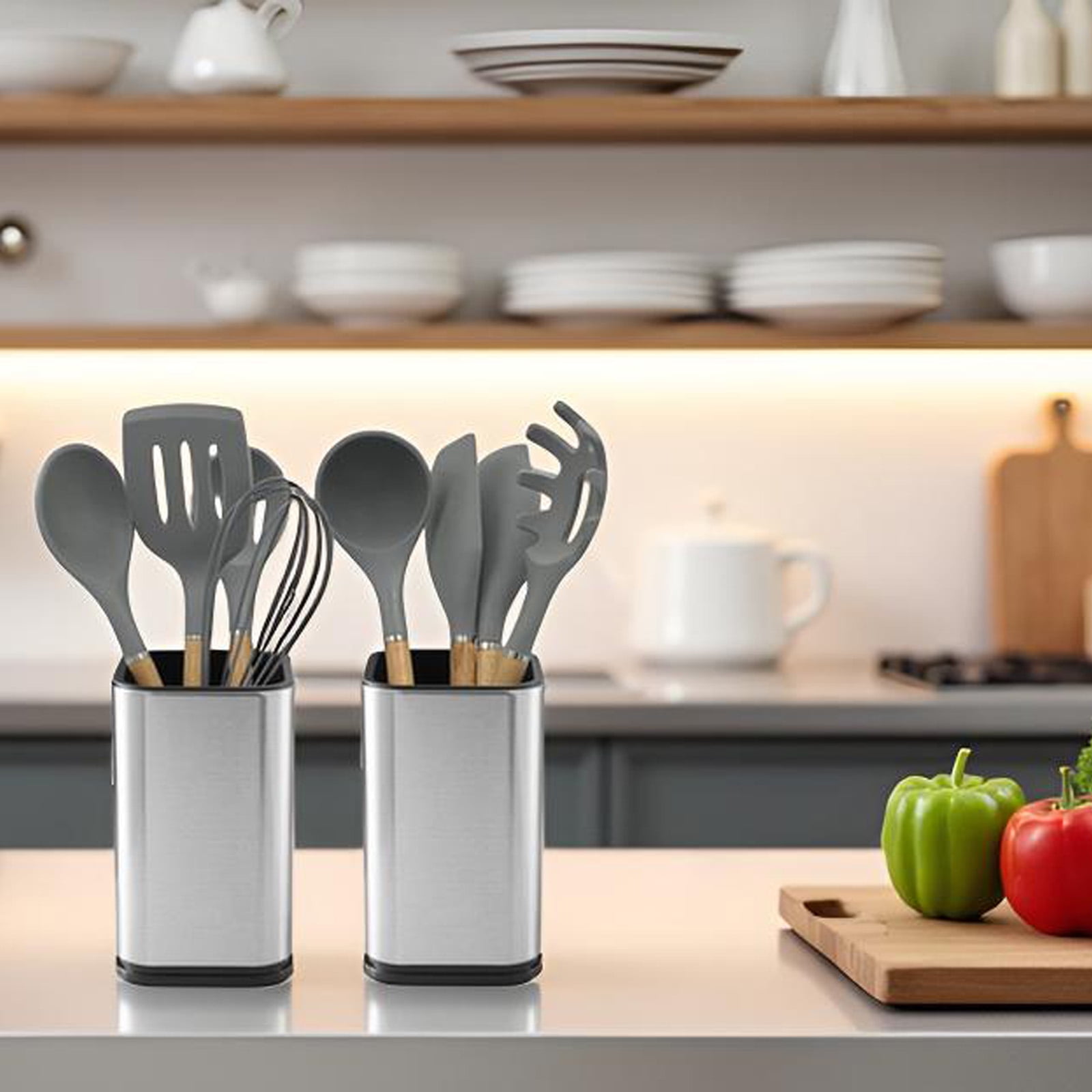 2PC Stainless Steel Kitchen Utensil Holder Caddy, Square Utensil Organizer, 4L X 4W X 6.7H
