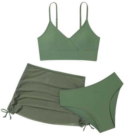YFELWZ Girls Swimsuit 3 Piece Plain Wrap Bikini With Ruched Cover Up Skirt Set Swimwear for Kids Size 12Y