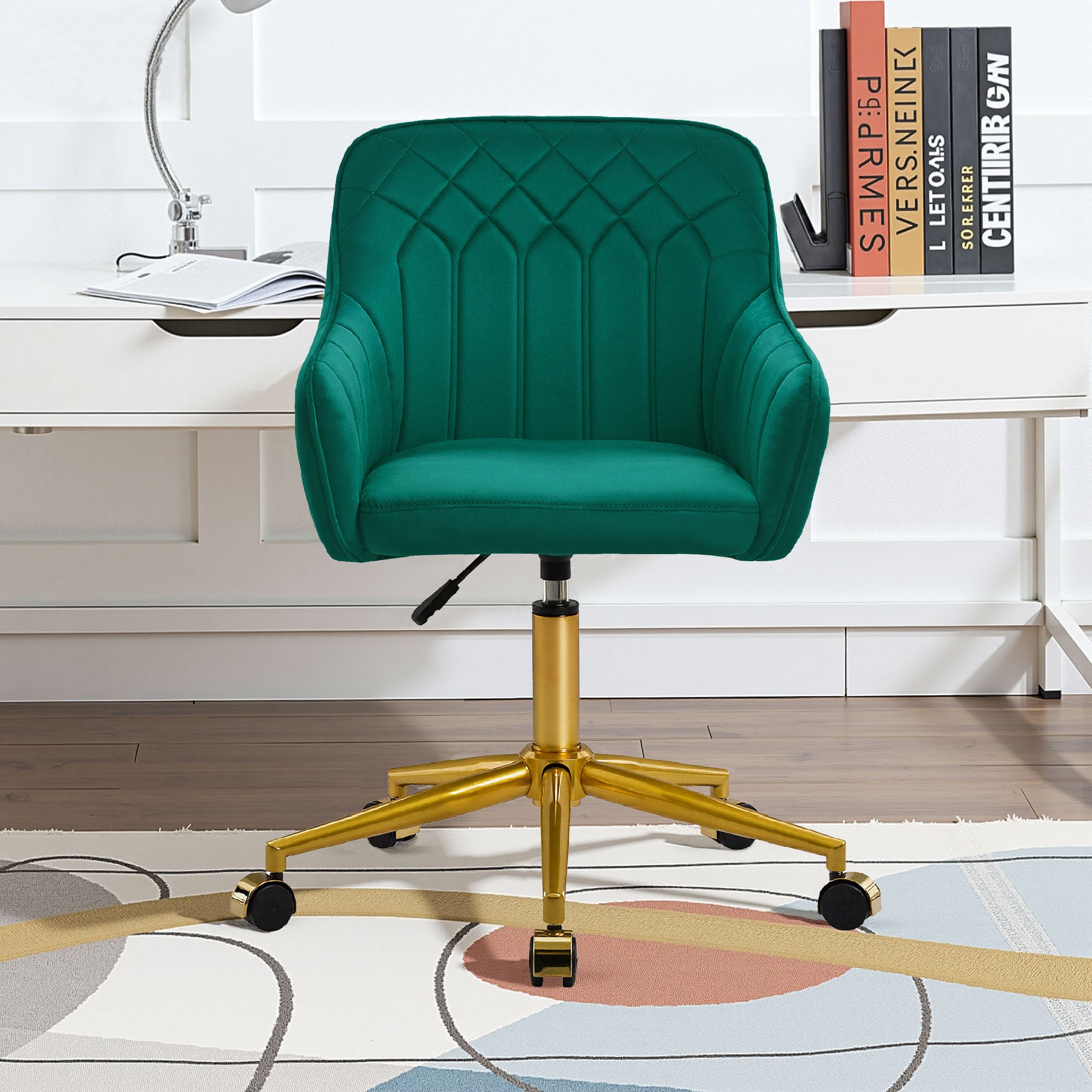VECELO Modern Velvet Accent Chair, Upholstered Swivel Desk Chair with Gold Base, Adjustable Height Vanity Chair with Wheels for Study, Living Room, Bedroom, Green