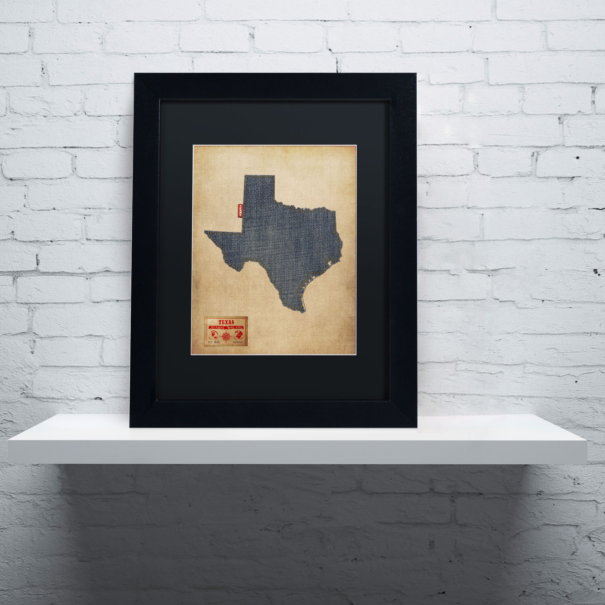 Trademark Fine Art "Texas Map Denim Jeans Style" Canvas Art by Michael Tompsett, Black Matte, Black Frame