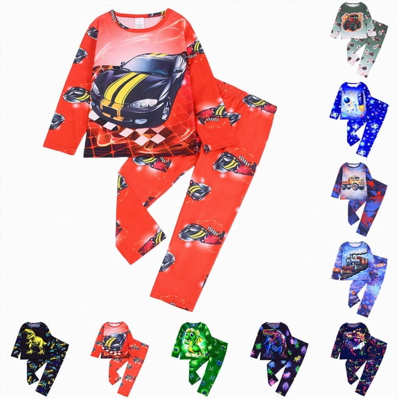 YDFCWXW Boys Clothes, T-Rex Print Dinosaur Boy Winter Outfits Long-sleeved Pajamas 2Pcs Set Cozy Snug Fit (Black, 7-8 Years)