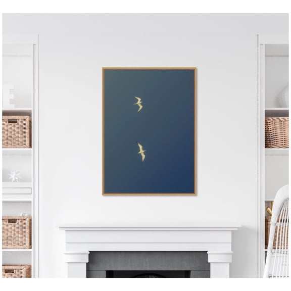 Kate and Laurel Framed Canvas Wall Art Print Fly Away Dark Blue by Alicia Bock, 28 x 38 Sylvie Natural Frame, Modern Contemporary, Animal Art for Wall Decor