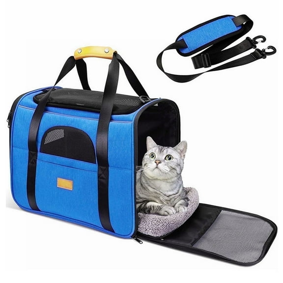 COOKEY Cat Carrier, Soft Sided Cat Carrier Large for Big Medium Cats and Puppy up to 25lbs, Pet Carrier with Safety Zippers, Foldable Airline Approved Puppy Carrier - Blue