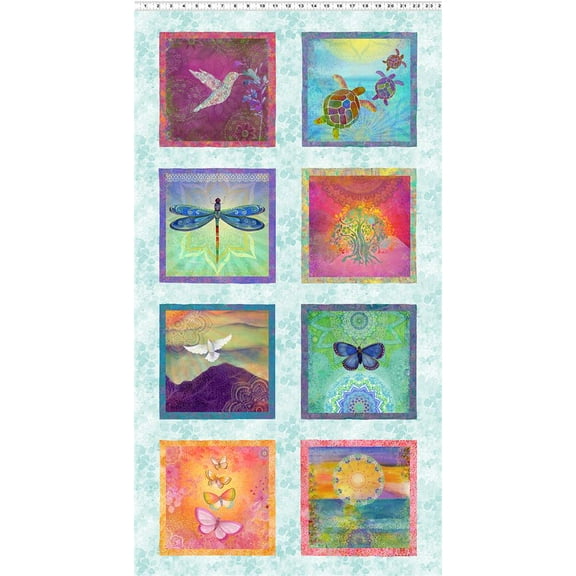 24" X 44" Panel Zen by Sue Zipkin Light Teal Butterflies Hummingbird Turtles Digital Print Cotton Fabric Panel (Y3760-103-LIGHTTEAL)