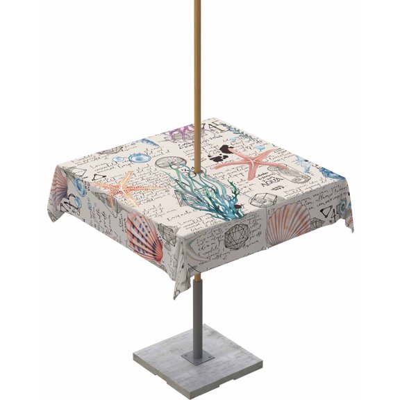 Fsddascl Coastal Beach Outdoor Tablecloth - 54x54 Inch Square Dining Table Cover, Nautical Summer Starfish Coral Vintage Waterproof Outdoor Table Cloth with Umbrella Hole & Zipper for Picnic/Patio