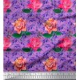 thumbnail image 1 of Soimoi Tissu en Voile de Coton Violet Imprimé Feuilles & Roses 1 Yard 42 Pouces de Large, 1 of 3