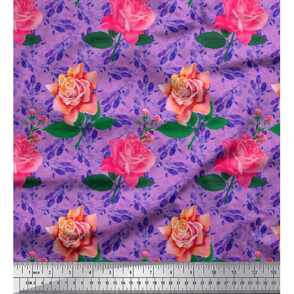 Soimoi Purple Cotton Duck Fabric Leaves & Rose Flower Printed Fabric 1 Yard 42 Inch Wide