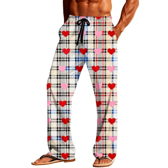 Talentlend Men's Valentine's Day Pajamas Casual Loose Lightweight Pants Plaid Lounge Sleepwear Trousers with Pockets