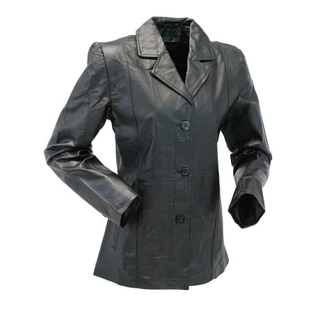 Black Leather Button Front Jacket - Black Lightweight Women's 3 Button Leather Coat #L30BTK