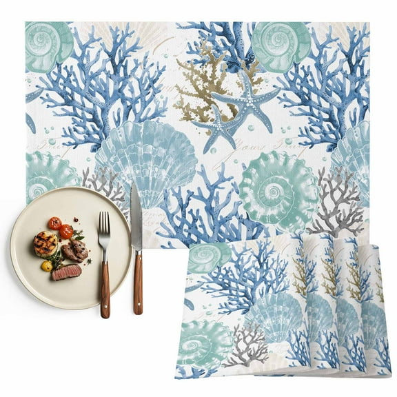 Watercolor Coastal Placemats Set of 4, Shell Starfish Coral Pattern Table Mats Washable Heat-Resistant Non-Slip Place Mats for Kitchen Dinner Table Indoor Outdoor Decor,13x19 Inch Blue