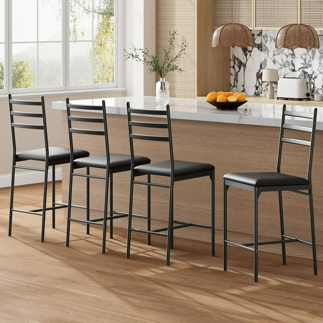 Taburetes para Barra Juego de 4 - Diseño Industrial Vintage con Respaldo, Asiento Tapizado en Cuero Sintético Dark Coffee y Marco Metálico Reforzado - Para Isla, Cocina o Bar Residencial
