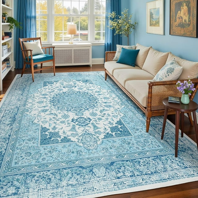 Macgace 8x10 Washable Rugs for Living Room, Faux Wool Vintage Rug for Bedroom Dining Room, Low Pile Soft Boho Floor Covering Carpet Retro Distressed Medallion Mat Traditional Interiors, Blue