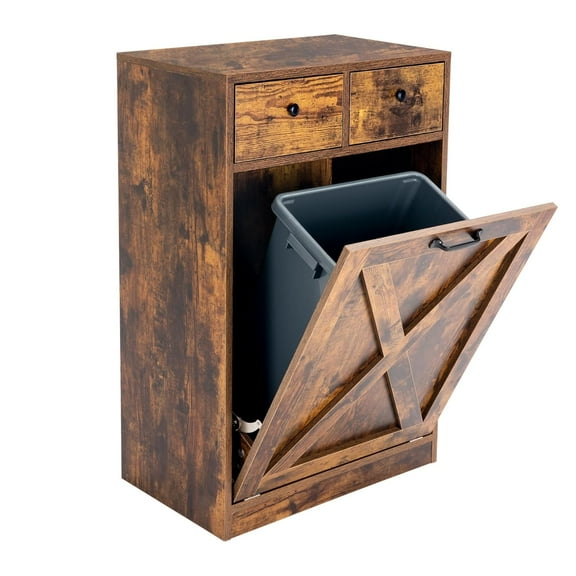 13 Gallon Tilt Out Trash Cabinet with 2 Drawers Wood Hidden Kitchen Recycling Cabinet Free Standing Pet Proof Trash Can Laundry Cabinet for Kitchen (Rustic Brown)