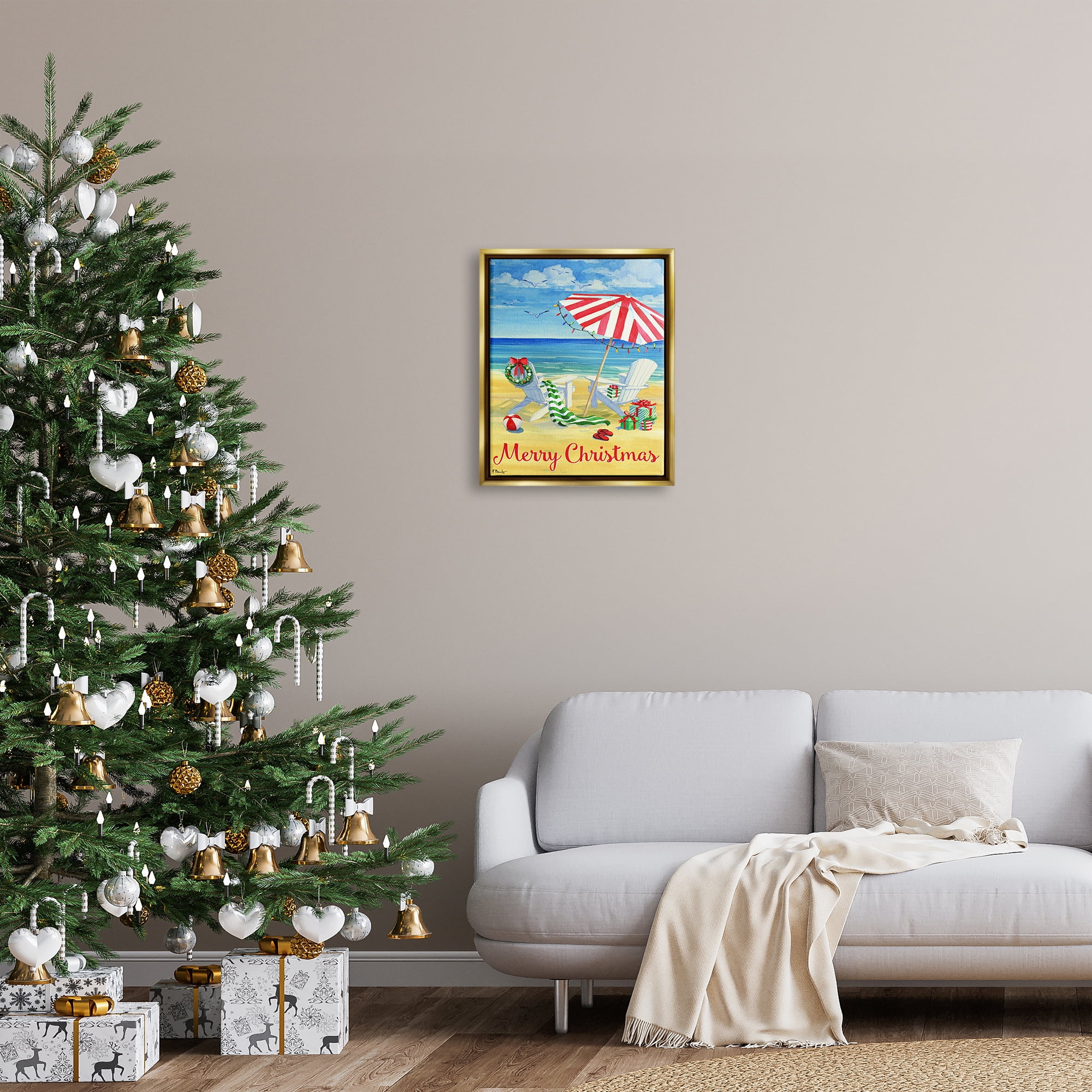 Stupell Industries Coastal Merry Christmas Holiday Painting Gold Floater Framed Art Print Wall Art, 17 x 21