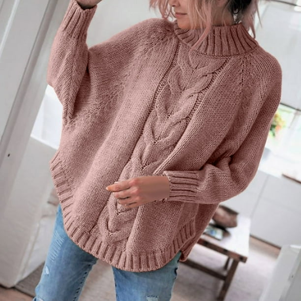 Suéter Puntoco para mujer e invierno nuevo suéter de punto con manga de muñeca suelta suéter de cuello alto Medio Color sólido liquidación de Navidad Puntoco Puntoco-4186