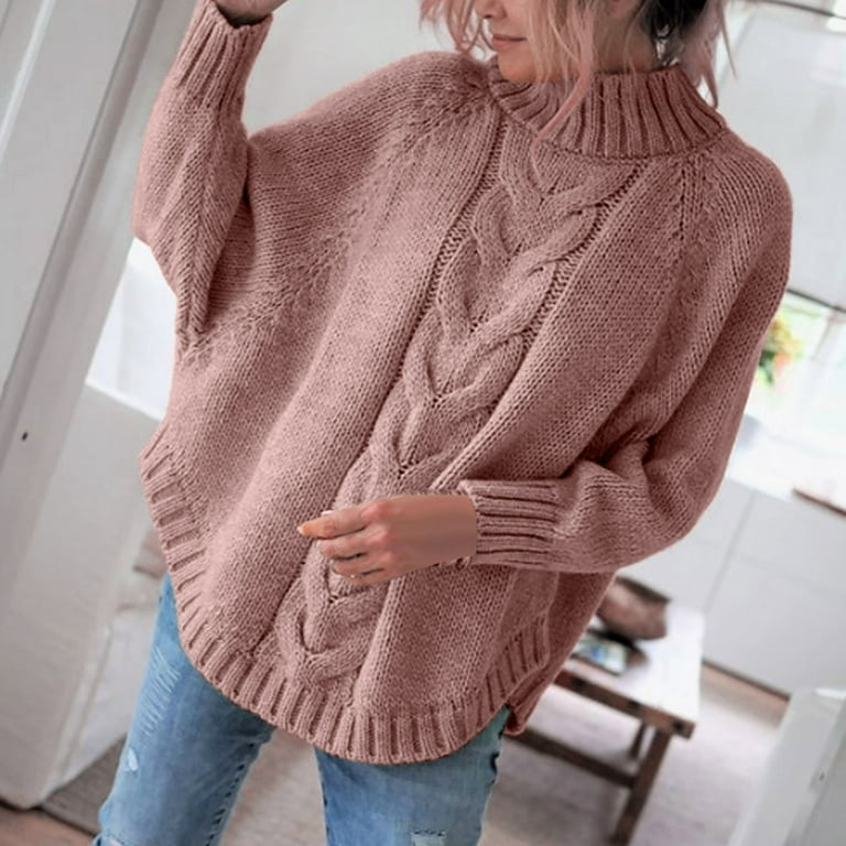 Zedker Waffle Knit Tops for Women, Cotton Sweaters for Women Women's Autumn  and Winter New Loose Doll Sleeve Knit Sweater Solid Color Half Turtleneck 