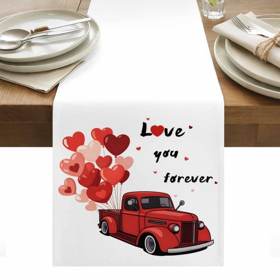 Red Valentine's Day Table Runner - 120 Inch Long, Kitchen Dining Table Runner Dresser Scarves, Love Heart Truck Romantic Valentines Farmhouse Decor for Coffee Tables Wedding Party Banquet