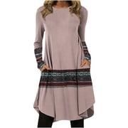 Pompotops Fashion Casual Women O-Neck Long Sleeve Mini Dress Printed Patchwork Dress