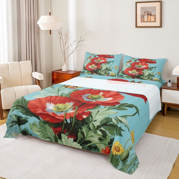 Homewish Country Flower Floral Twin Sheet Set,Rustic Spring Garden Red Blue Green,Ultra Soft Decor For Adults,3-Piece