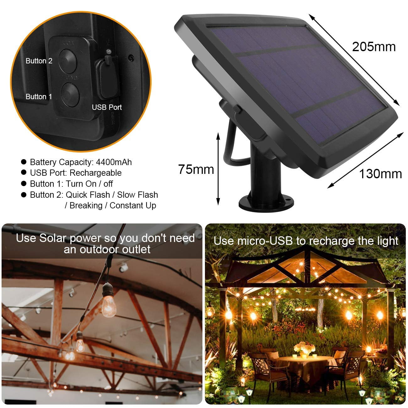 48FT Solar-Powered Outdoor String Lights With 15 Lights Commercial Grade Strand For Patio, Porch, Deck, Party