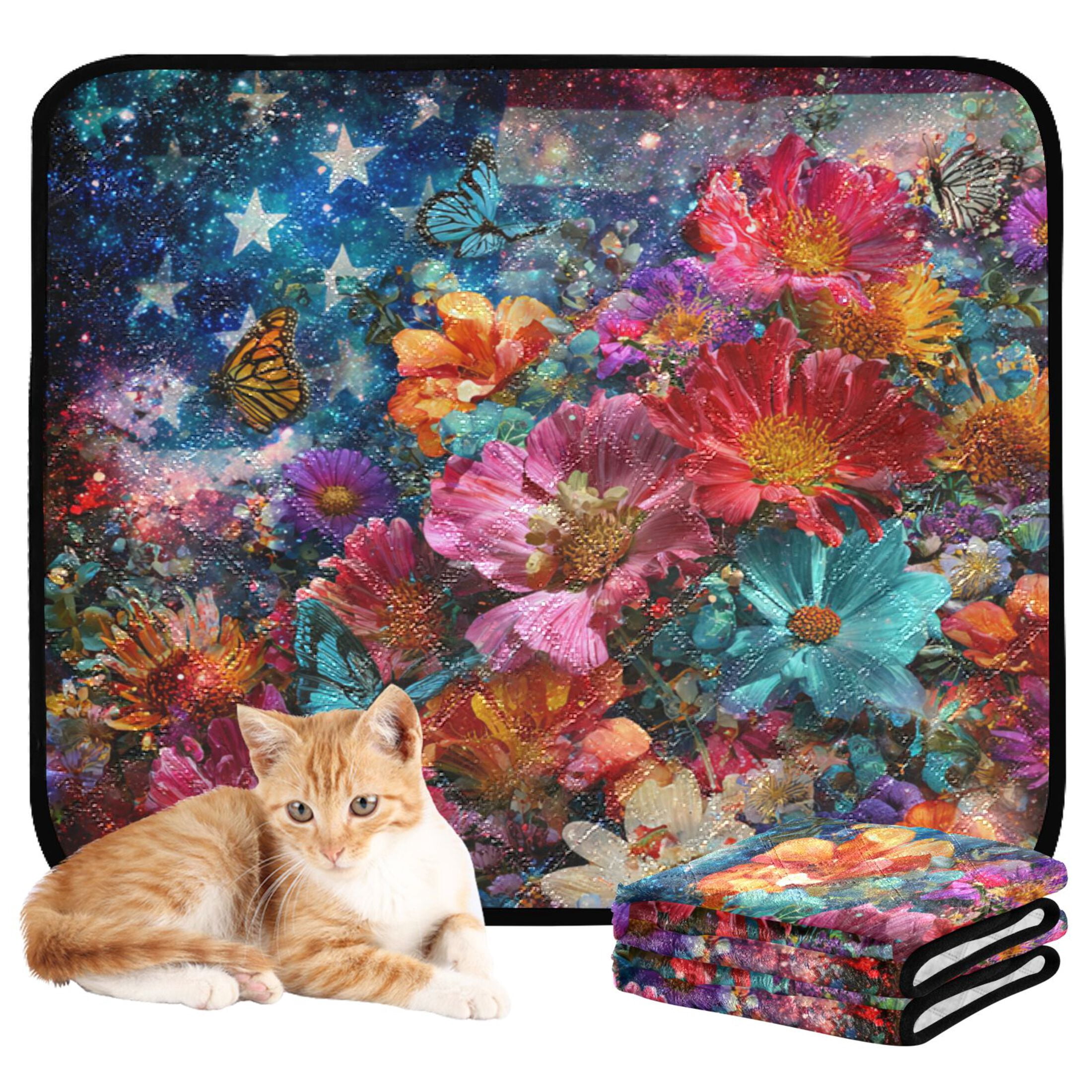 Qxltty American Flag Flower Cat litter Pads Pet Set of 2 Diaper Mats Center Anti-leakage Layer Absorbent Soft and Comfortable