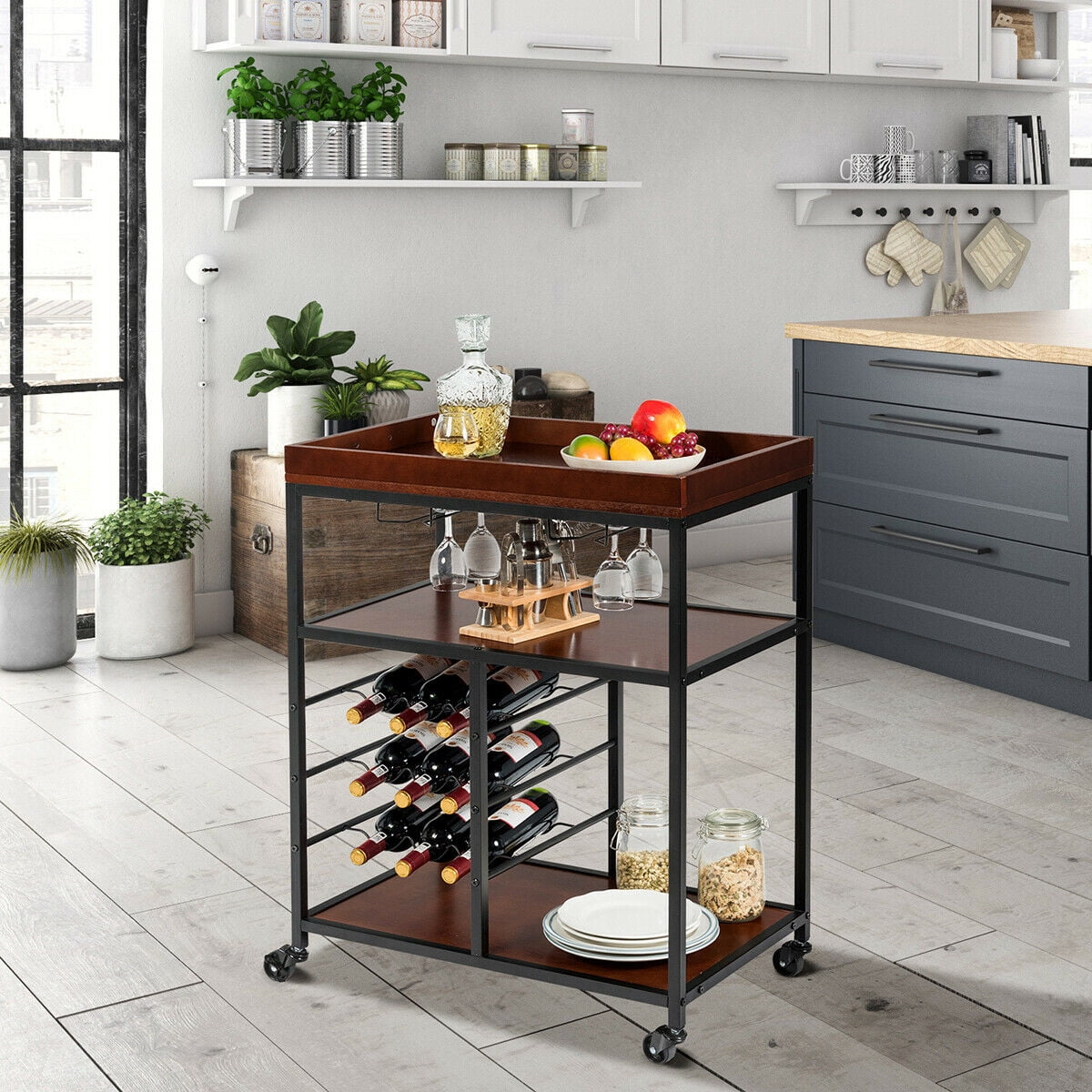 Gymax 3 Tier Storage Kitchen Trolley Bar Serving Cart w/Wine Rack & Glass Holder