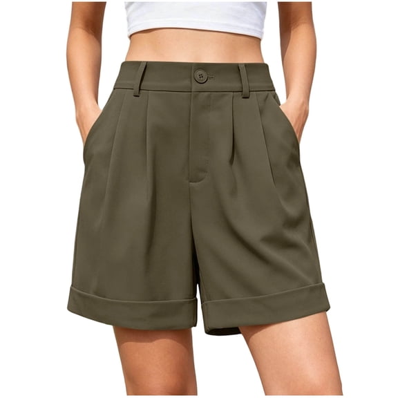MYAOYI Womens High Waist Pleated Shorts Cuffed Hem Button Closure Casual Dressy Shorts