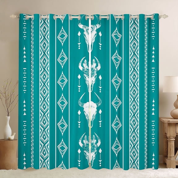 Feelyou Teal Aztec Black Out Curtains, Boho Theme Curtains Pack of 2 (42x63 Each)
