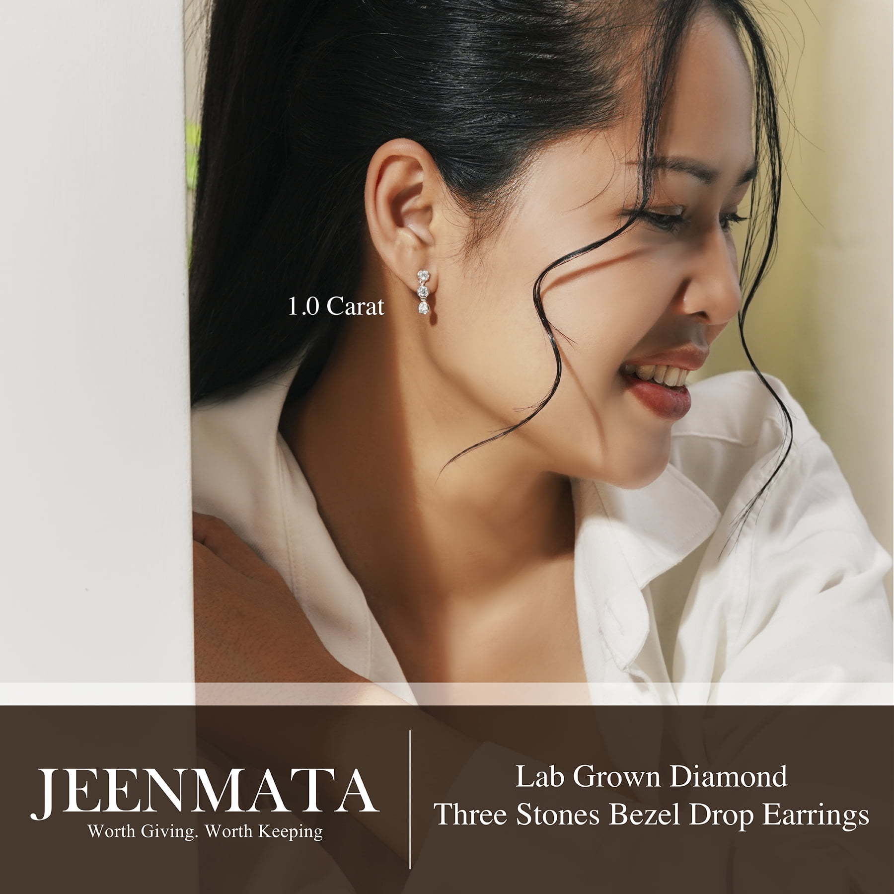 JeenMata 1 Carat Lab Grown Diamond Bezel Drop Earring - Classic Round Cut Three Stones Dangle Earrings in 18K White Gold Plating for Women, Gift for Her