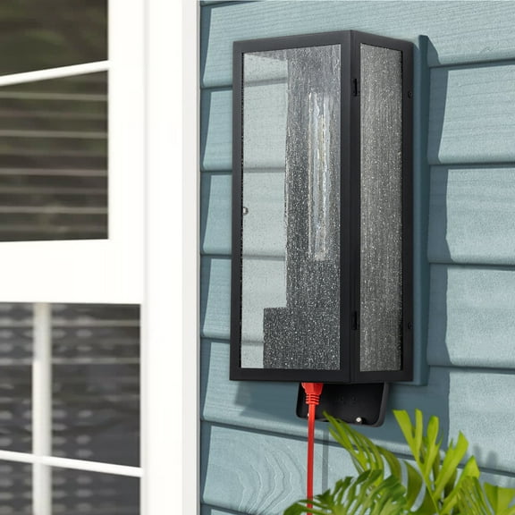 C Cattleya 1-Light Black Outdoor Wall Lantern Sconce with Built-In GFCI Outlets and Seeded Glass Shade