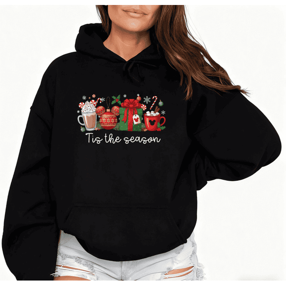 Tis The Season Mickey Christmas Graphic Tee T-Shirt Top Print Commuting Hooded long-sleeved Black S-2XL