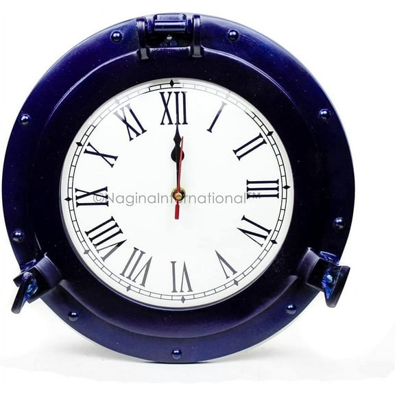 Nagina International Nautical Porthole Aluminium Blue Color | Maritime Wall Decor (17 Inches, Clock)