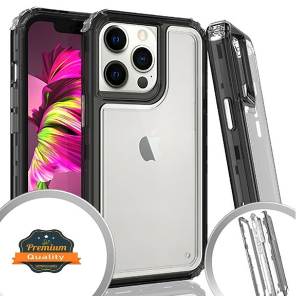 Xpression Case for Apple iPhone 13 Pro (6.1") Heavy Duty Transparent 3 in 1 Hybrid Shockproof Full Edge PC Bumper TPU Rubber Protective Phone Cover [Smoke Gray]