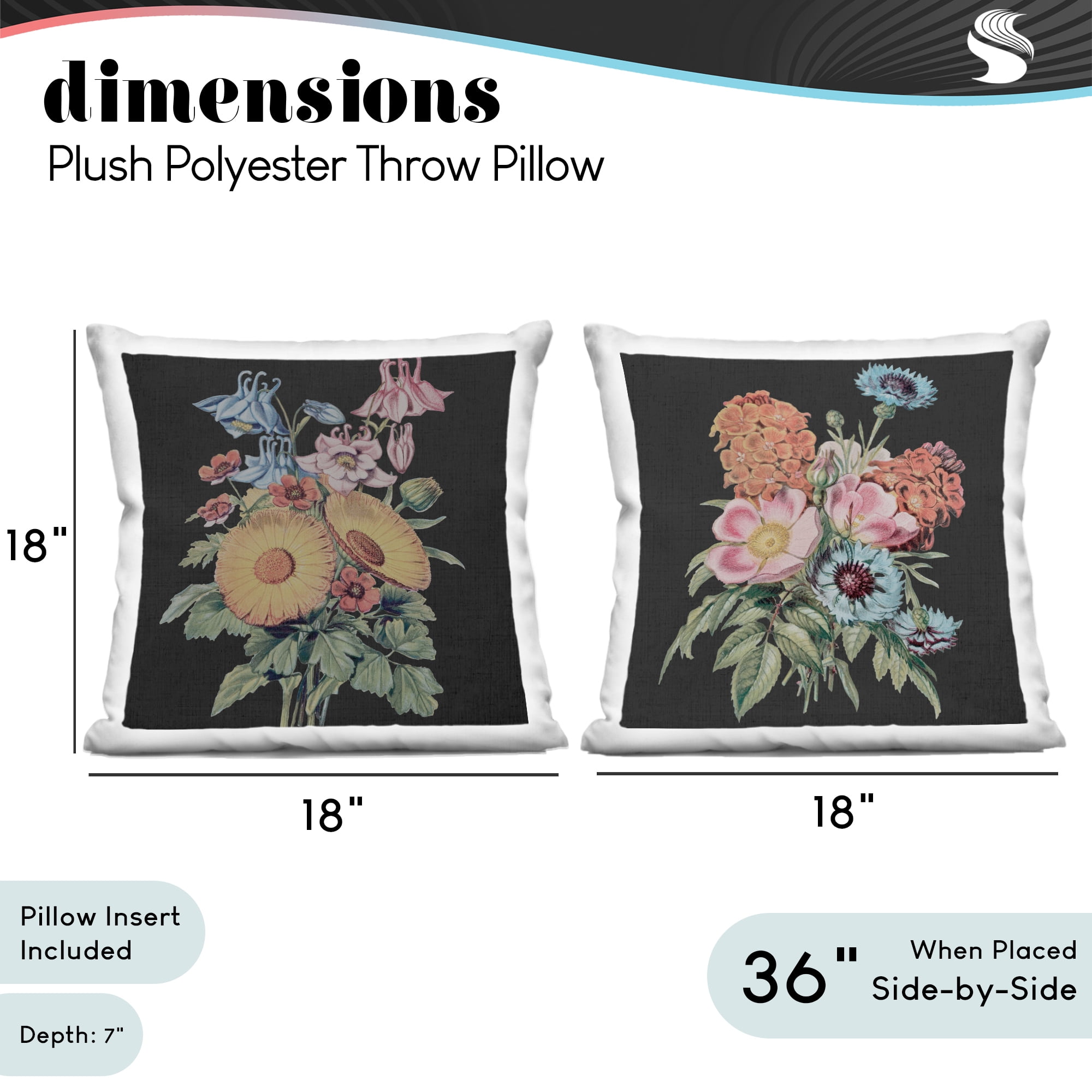 Stupell Industries Colorful Flower Bouquets on Black 2 Piece Decorative Printed Throw Pillow Set, design by Dan Meneely