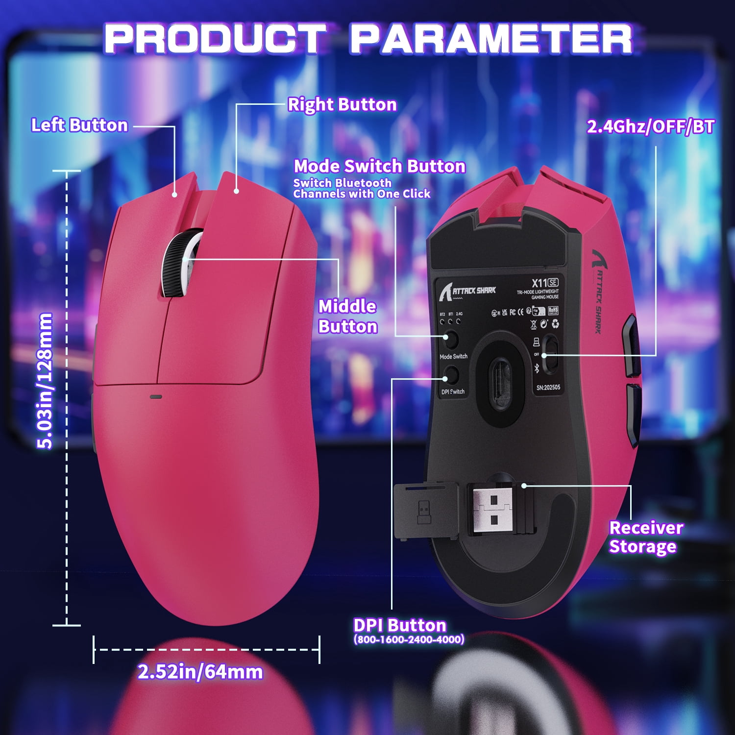 ATTACK SHARK X11SE Wireless Gaming Mouse, PixArt PAW3311 Gaming Sensor, BT/2.4G Wireless/Wired, 65 Hours Battery, Upgrade BK52820 Chip