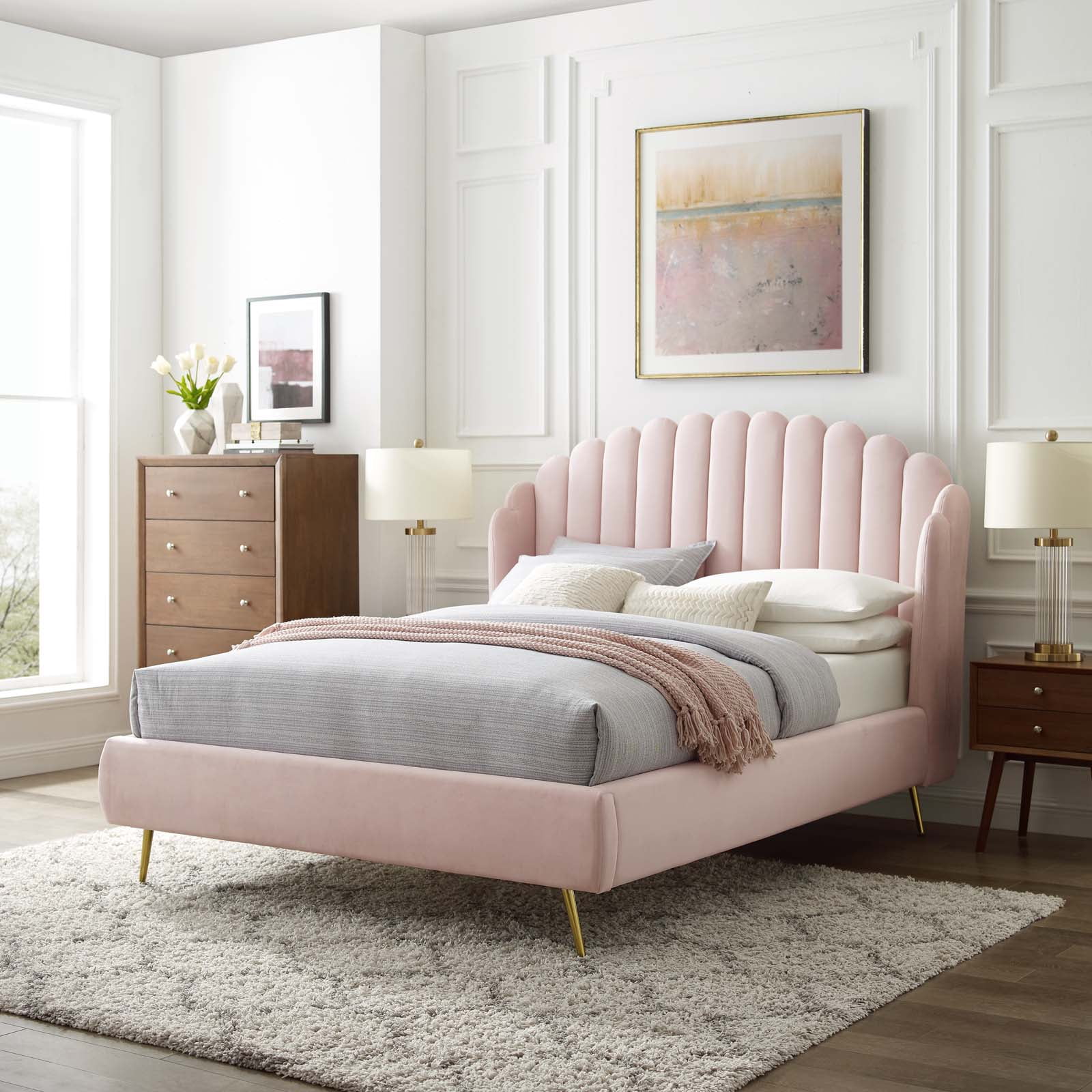 Modway Lana Queen Performance Velvet Wingback Platform Bed, Pink