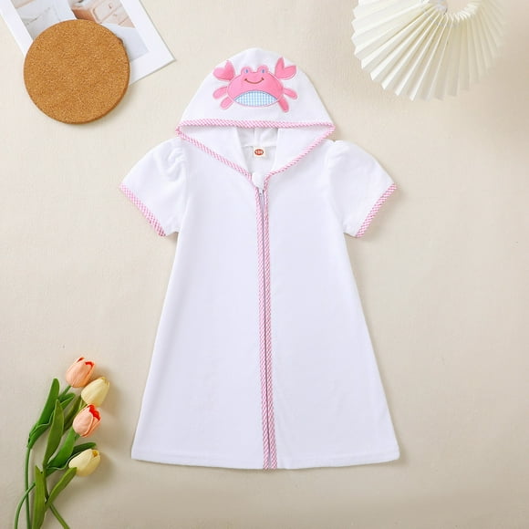 Combinaison à Capuchon Adorable pour Filles, Grenouillère, Crabe Brodé, Couvre-Maillot de Plage, Tissu en Serviette Doux pour Maillots de Bain pour Tout-Petits et Enfants