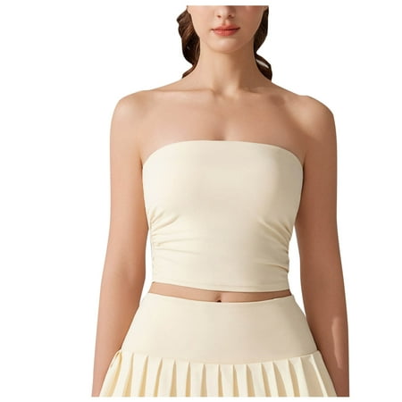 ZyeKqe Tube Tops for Women Built in Bra Strapless Sleeveless Shirts Ruched Hem Summer Going out Crop Top