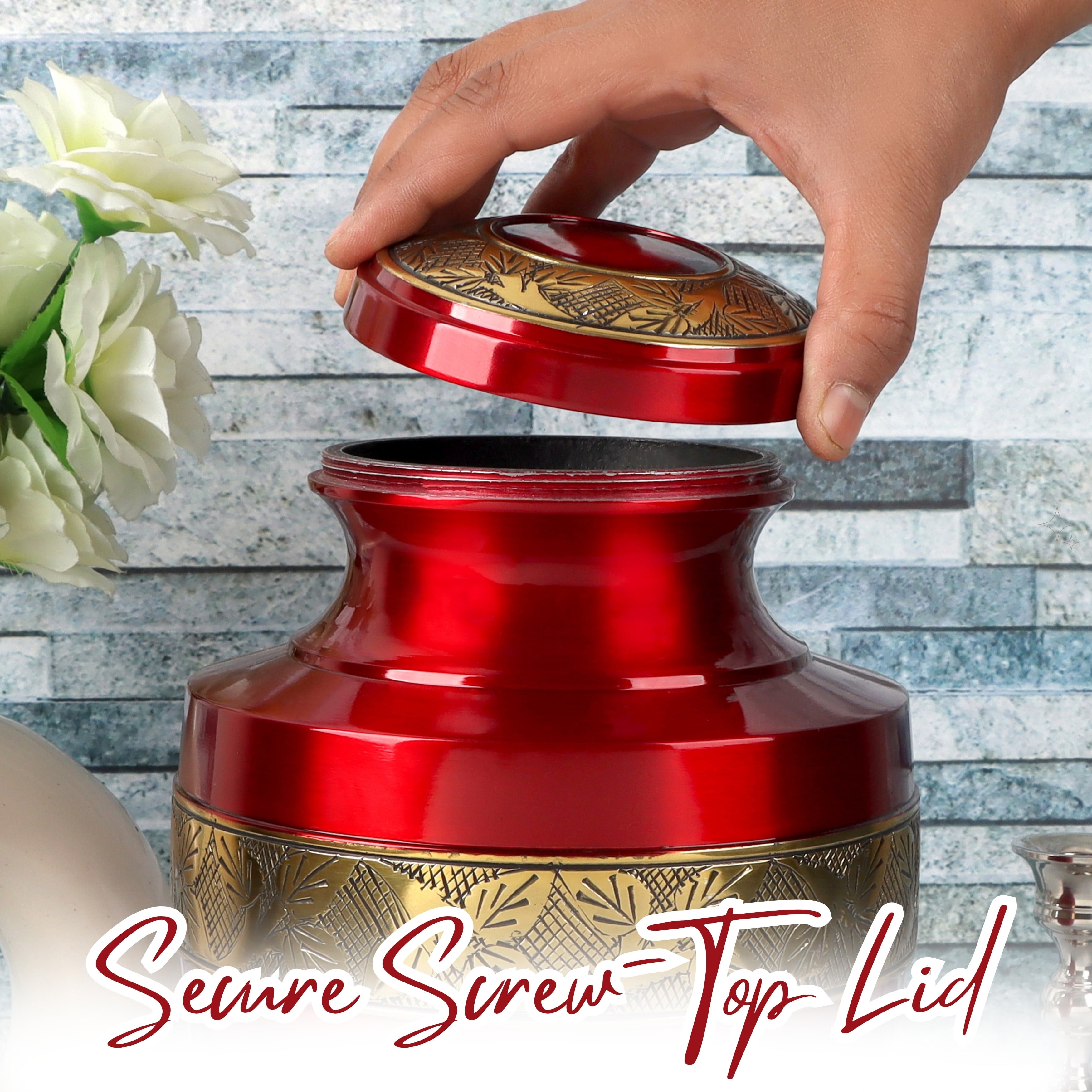 Handcrafted Aluminum Urn - Decorative Memorial Holder for Ashes and Remembrance (Burgandy & Royal Gold)