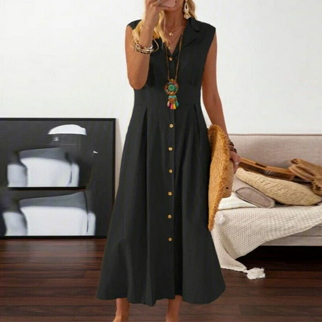 zanvin Summer Dresses , Fashion Women AutumnSolid Causal Turndown Collar Sleeveless Vacation Button Dress
