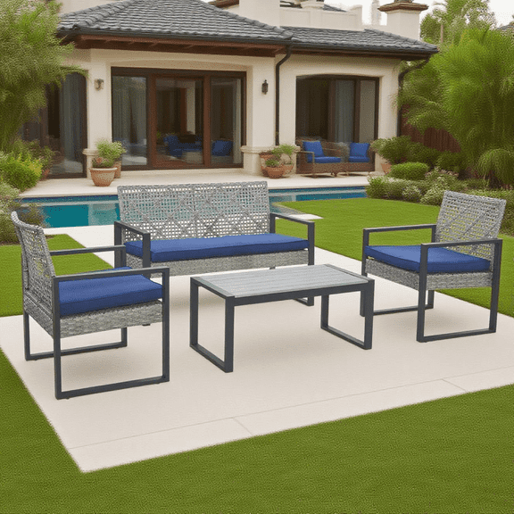 Enyopro 4-Piece Patio Furniture Set with Acacia Wood Table, Outdoor Rattan Conversation Set with Cushions, Wicker Sofa for Balcony, Porch, Garden & Backyard