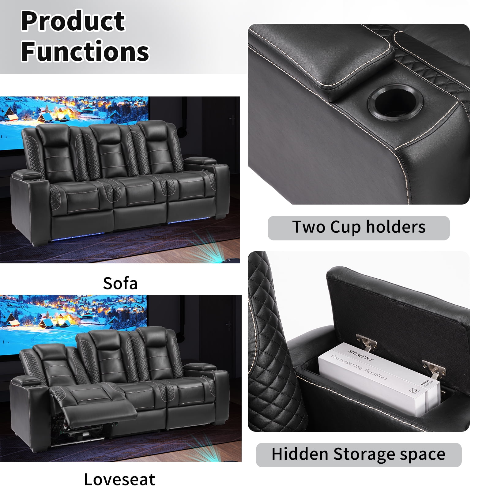 Bonzy Home Power Theater 3-Seat Recliner Sofa — PU Leather Power Recliner with Cup Holders, Hidden Arm Storage, USB Ports, LED Lights & Adjustable Headrests, Black