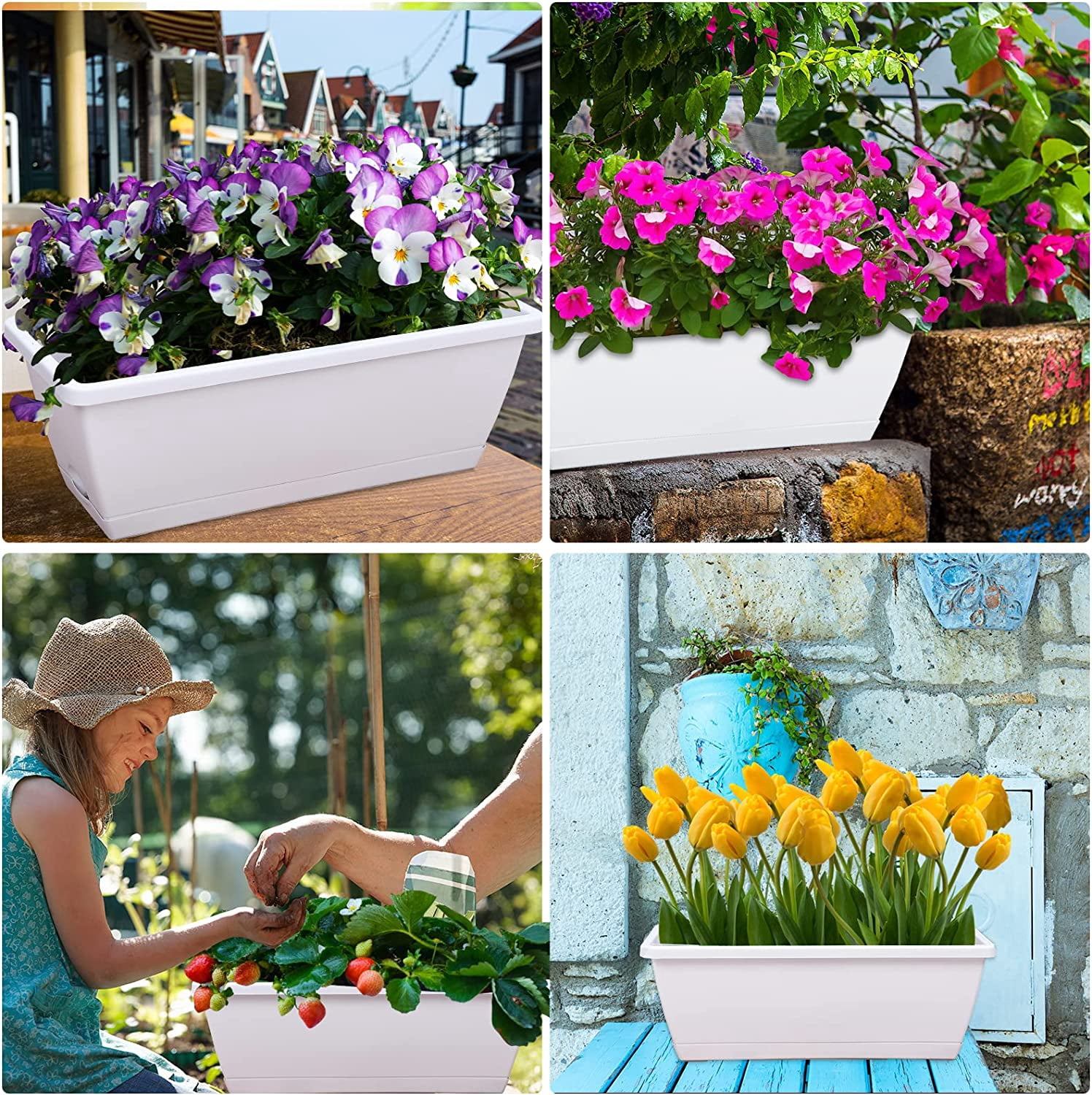 Plastic Rectangular Window Box Planters with Saucers for Vegetable Flower Indoor Outdoor Garden Patio Home Decor 7 Pack 17 Inches