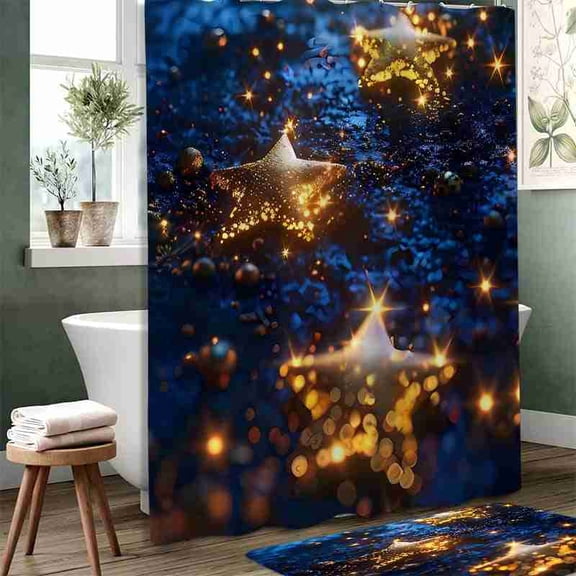 70x70 inch Navy Blue and Gold Glowing Stars Shower Curtain, Waterproof Polyester Fabric with Hooks for Bathroom Decor