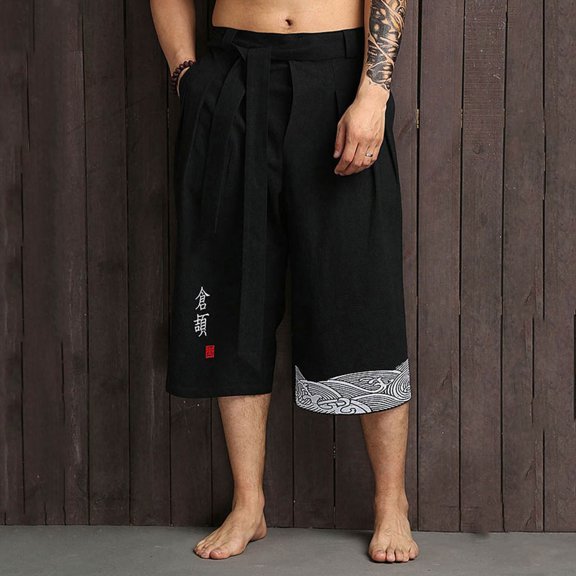 Yaoyar Men's Embroidered Cropped Shorts Loose Fit Zipper Button Pockets Tie Detail and Elastic Waist Comfortable Shorts,L,Black